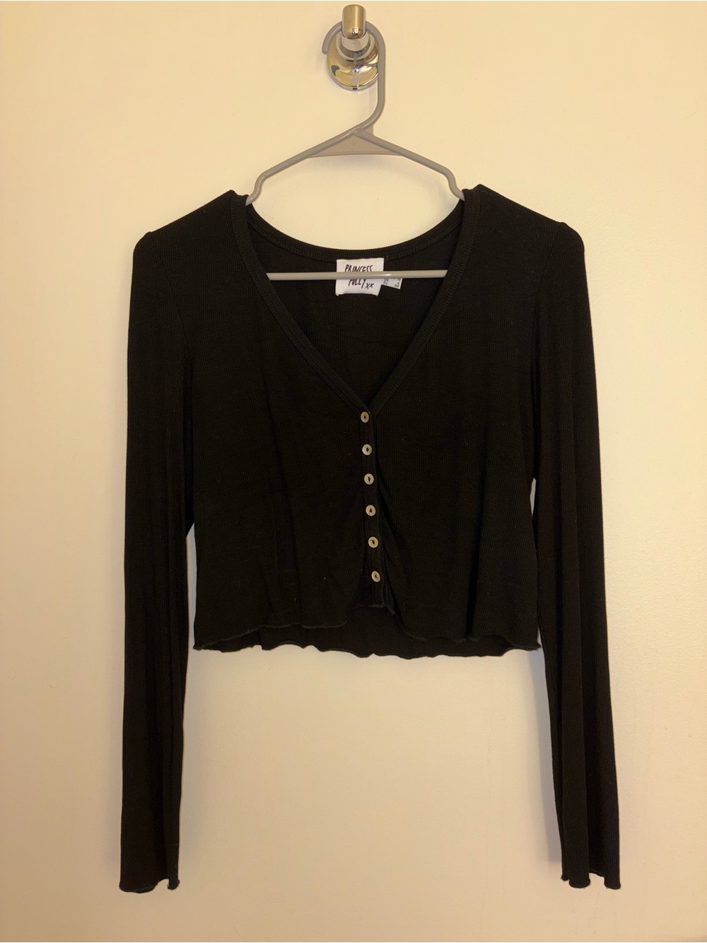 Princess Polly Black Cropped Button-Front Long Sleeve Top